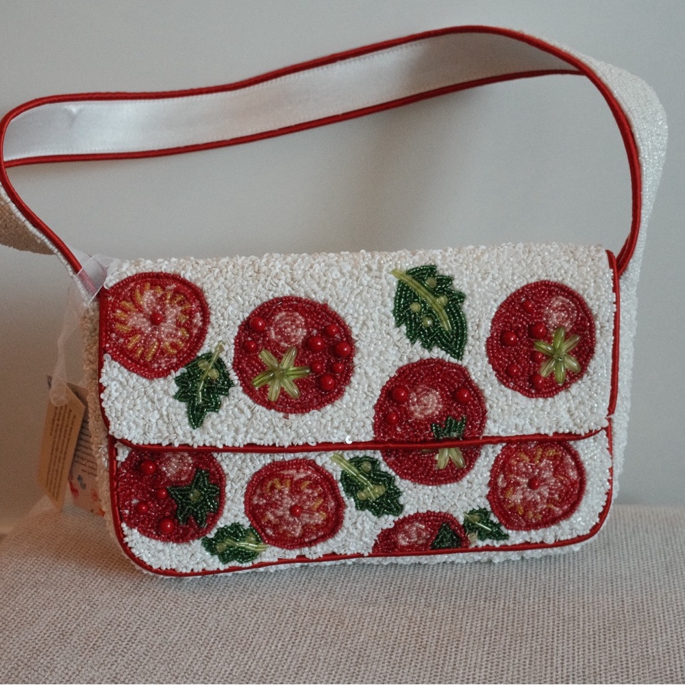 Tomato Embellished White Shoulder Bag